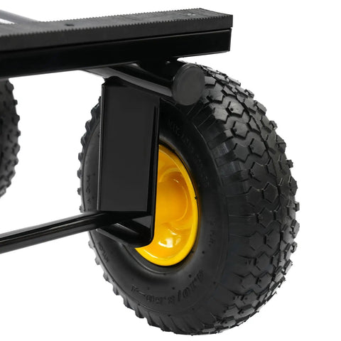 Totally Savage Six Wheel All Terrain Furniture Dolly With 1200 Pound Capacity Built Like A Tank For Heavy Duty Moving Rugged Carbon Steel Frame And Rock Solid Rubber Wheels For Easy Move On Carpet Tile Floors And Bumpy Concrete Ground, close-up of 10in rubber wheel on carbon steel frame