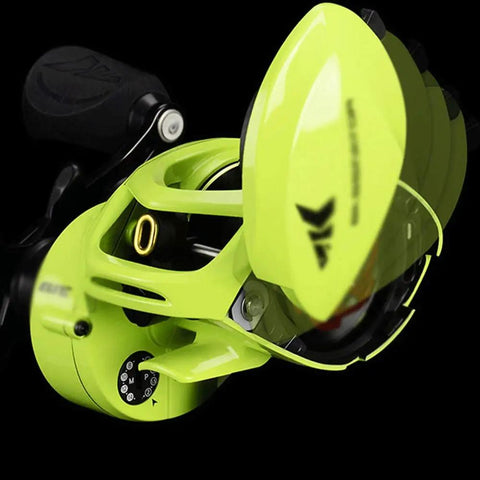 Palm Sized Long Throw Fishing Reel With All Metal Body Anti Rust Build Smooth Casting And Line Memory Lightweight Yet Durable For Pro Style Casts Comfortable Grip Great For Freshwater And Saltwater Adventures in striking green color
