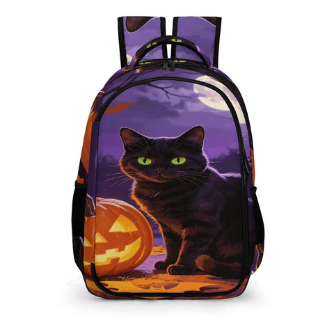 Halloween Black Cat Pumpkin Print Unisex Backpack With Large Capacity For School Travel Or Everyday Use Durable Polyester Comfortable Straps Smooth Zipper Spooky Cute Daypack
