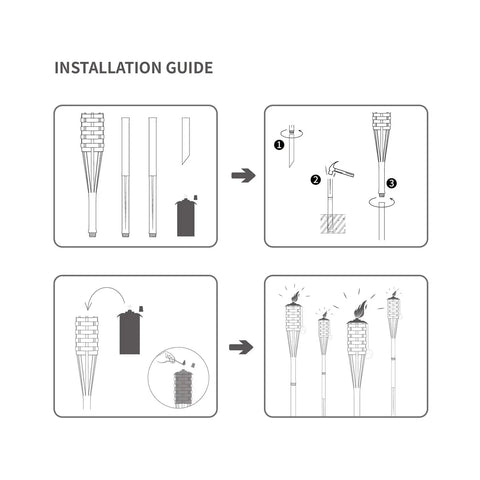 Installation guide for Bamboo Tiki Torches Outdoor Citronella Torches Weathered Color 4 Pack Large Patio Torches, step-by-step instructions.
