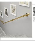 Heavy Duty Wrought Iron Stair Banister Handrail Featuring Top Shelf Metal Grab Bar For No Sweat Wall Mount Railing Safety Pro Grade Design For Seamless Indoor And Outdoor Living mounted on interior wall with artwork.