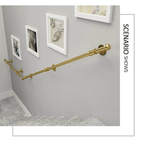 Heavy Duty Wrought Iron Stair Banister Handrail Featuring Top Shelf Metal Grab Bar For No Sweat Wall Mount Railing Safety Pro Grade Design For Seamless Indoor And Outdoor Living mounted on interior wall with artwork.