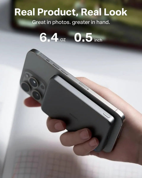 Snag This Ultra Slim Magnetic Wireless Power Bank With 10000mAh Juice And 22.5w Rapid Boost For iPhone 17 16 15 Series, held in hand.