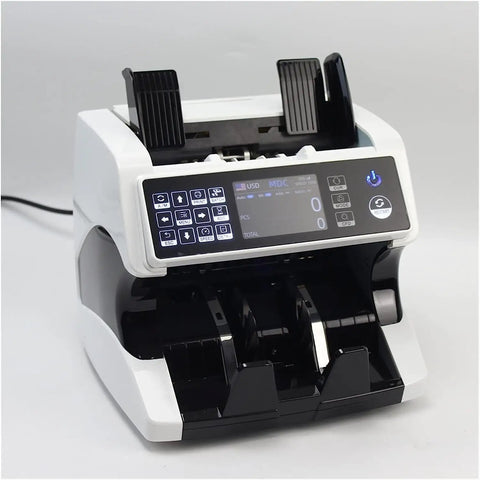 Super Fast Automatic Money Counter With Touchscreen Panel And Multi Currency Mix Value Tally Machine Using Smart Sensors To Sort Stacks view from above showing control panel and bill slots.