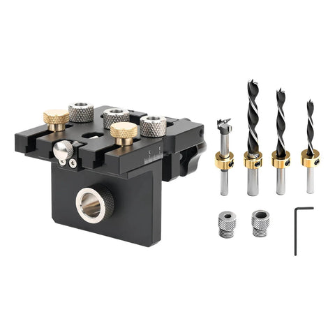 Pro Shop Quality High Precision Woodworking Hole Punch Tool Dowel Jig For Accurate Hole Location In Furniture Assembly And DIY Projects Aluminum Alloy Construction For Long Lasting Performance showing black jig and drill bits