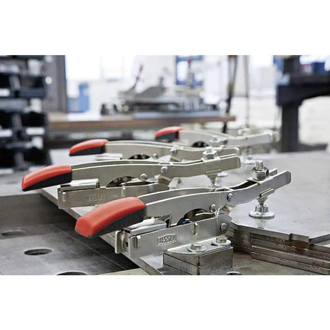 STC HH50 Toggle Clamp Open Arm 40 Mm Grey Red Beefy Workhorse Adjustable Clamp Up To 2500 Newtons For Milling Or Fabrication With Horizontal Base Plate For Secure Woodworking And Metalworking Projects, open-arm toggle clamps on machine table