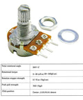 Close-up of 10 Pack 10K Ohm Linear Taper Rotary Potentiometers For Panel Mount 3 Pin WH148 Type B10K with specifications chart