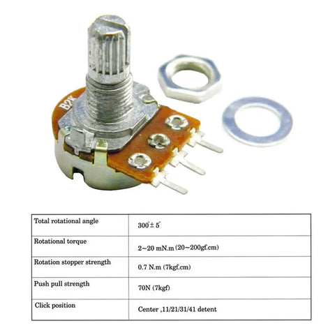 Close-up of 10 Pack 10K Ohm Linear Taper Rotary Potentiometers For Panel Mount 3 Pin WH148 Type B10K with specifications chart