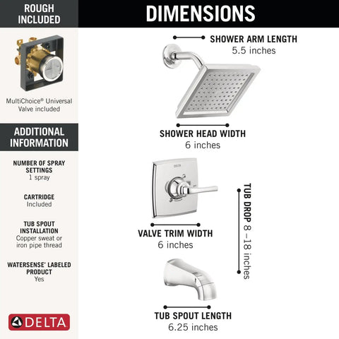 Dimensions of Geist 14 Series Square Bathtub And Shower Faucet Set With Chrome Shower Head And Handle Valve Trim Kit Chrome Finish