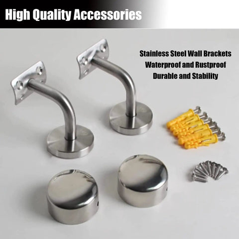Stainless steel wall brackets and mounting screws for Crystal Clear Acrylic Stair Handrail Built Like A Tank With Corrosion Resistant Brackets.