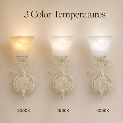 Folux Battery-Operated Vintage White Flower Wall Sconce Set of 2 showing three color temperature options on wall