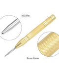 No Sweat Automatic Center Punch Four Piece Kit with HSS pin and brass cover, ideal for marking pilot holes on wood or glass.