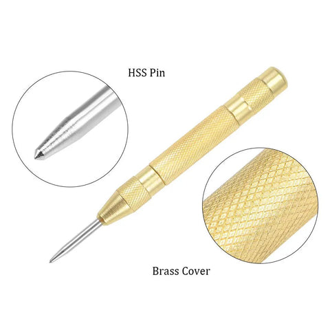 No Sweat Automatic Center Punch Four Piece Kit with HSS pin and brass cover, ideal for marking pilot holes on wood or glass.