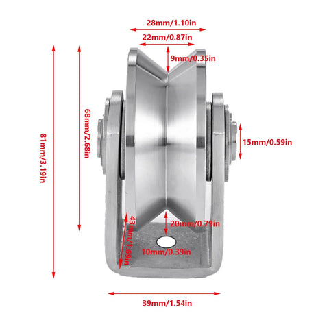 Side view of V Groove Wheel Set Stainless Steel Heavy Duty Wire Rope Pulley Block Sliding Gate Rollers with dimensions