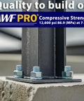 AWF PRO branding banner over a steel post base bolted to concrete.