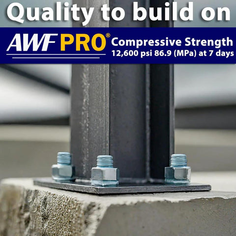 AWF PRO branding banner over a steel post base bolted to concrete.