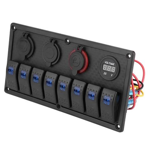 Eight Gang Rocker Switch Panel with Dual USB Outlets and Digital Voltmeter LED 12V 24V Marine Power Hub, front view.
