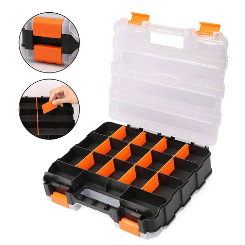 Two Piece Double Side Tool Organizer With Impact Resistant Polymer, 34 Compartment Hardware Box, Adjustable Removable Dividers