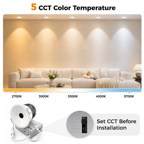 2-Pack 3 Inch 5CCT LED Pinhole Recessed Spotlight Lights with J-Box showcasing 5 color temperature settings for optimal lighting.