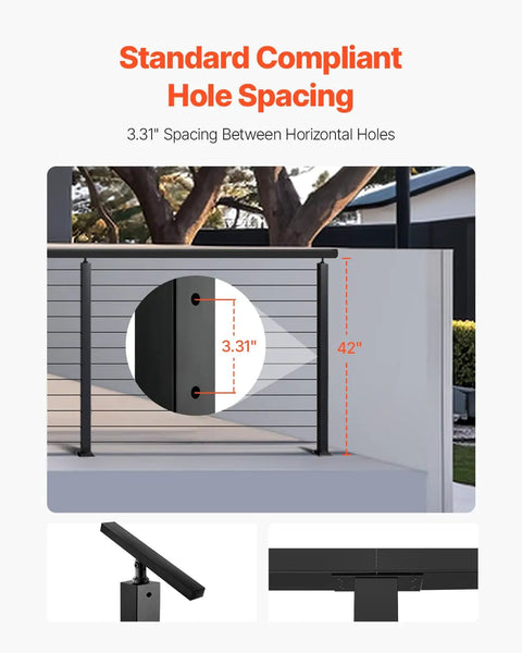 Built Solid Ready To Rock Pre Drilled Cable Railing Post Kit With 12 Holes For Level Decks And Balconies 42 Inch High showing 3.31" spacing between holes.