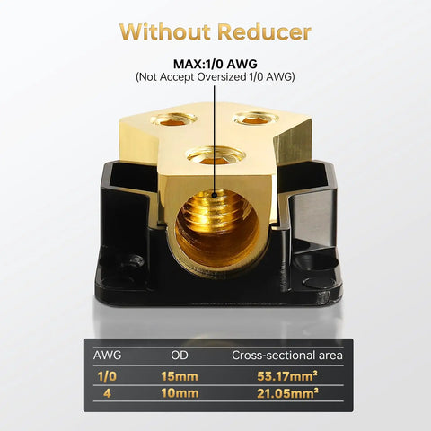 Two Way Car Audio Power Distribution Block Beefy Copper Brass Gold Plated Amp Splitter For 0 2 4 AWG In And 4 8 AWG Out Ideal For Cars Boats RVs ATVs Wiring Upgrade, gold-plated brass block with 1/0 AWG max