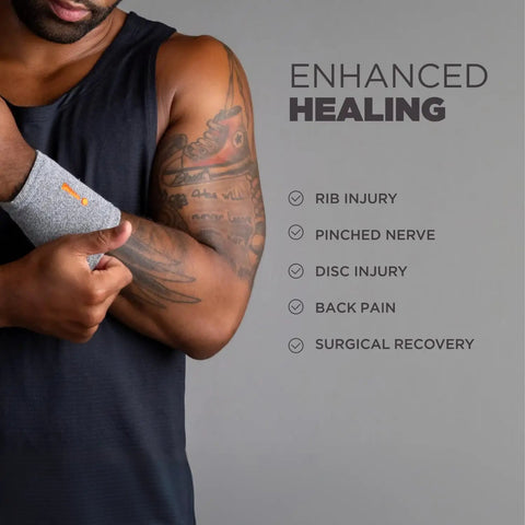 Person wearing gray wrist sleeve for pain relief and recovery, unisex size S/M, against enhanced healing backdrop.