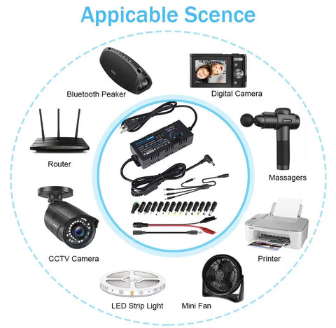 Power Supply Kit 3V To 24V Adjustable 6A 144W with LCD Display and accessories for electronics and home devices.