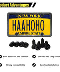 Hella Tough Anti Theft License Plate Screws Kit With Stainless Steel Tamper Proof Bolts and Rust Resistant Fasteners displayed with license plate and screws.