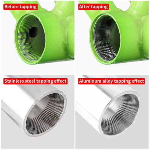 Before and after thread images using Bottom Bracket Tapping Tool Set For Bike Frames, showing aluminum alloy and stainless steel effects.