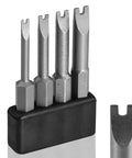 Kickass Four Piece Spanner Bit Set With Two Inch Shank Security Screwdriver Bits In SP3 SP4 SP5 SP6 Sizes Made From Top Shelf S2 Steel, showing four hex bits.