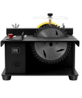 Front view of Compact Mini Table Saw For DIYers showing adjustable 0 to 90 degree angle and safety guard.