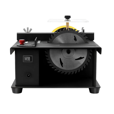 Front view of Compact Mini Table Saw For DIYers showing adjustable 0 to 90 degree angle and safety guard.