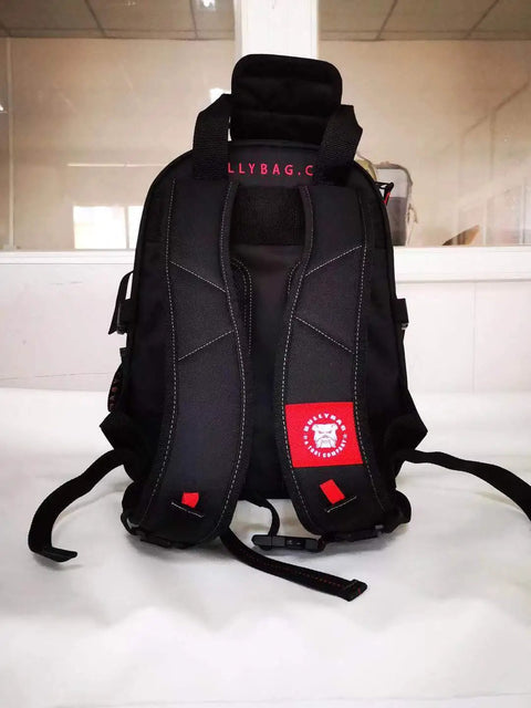 Rear view of ToolPack Pro Backpack For Roofers, Electricians, Data Techs, Glaziers, And Handymen with reinforced straps and padding.