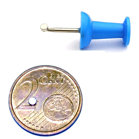 Tiny Neodymium Disc Magnets 2mm Diameter By 1mm Thick Nickel Coated Rare Earth Magnets alongside a blue pushpin and euro coin
