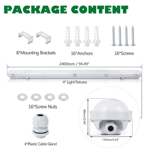 Eight Foot LED Vapor Tight Shop Light 100W 12000LM IP65 Waterproof For Parking Garages And Car Washes 6000K Bright White 4 Pack