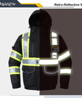 Hi Vis Waterproof Winter Bomber Jacket with Ten Pockets, 3M Reflective Strips, Black, Featuring Retractable ID Pocket and Detachable Hood
