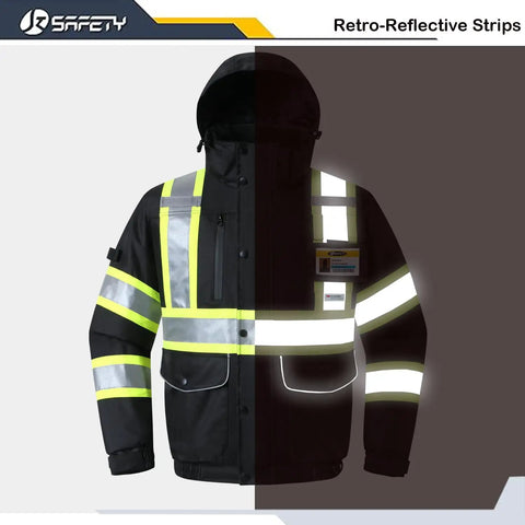 Hi Vis Waterproof Winter Bomber Jacket with Ten Pockets, 3M Reflective Strips, Black, Featuring Retractable ID Pocket and Detachable Hood