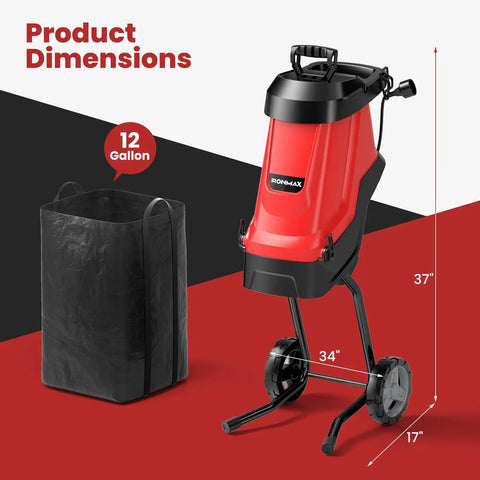 Powerful 15 Amp Corded Wood Chipper Shredder With 15 To 1 Reduction and wheel kit next to 12-gallon collection bag