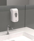 No Sweat Wall Mounted Manual Soap And Hand Sanitizer Dispenser 1000 Ml White mounted above a sink in a modern bathroom.