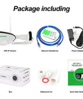 Package contents of Outdoor WiFi 1080P Security Camera With Two Way Audio Motion Detection And Night Vision ONVIF IP Surveillance Cam For Indoor And Outdoor Use No Brainer Install And Remote Viewing including camera, cables, adapter, box, lid, and guide.