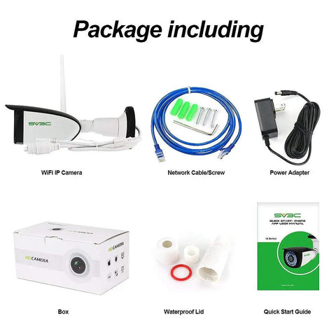 Package contents of Outdoor WiFi 1080P Security Camera With Two Way Audio Motion Detection And Night Vision ONVIF IP Surveillance Cam For Indoor And Outdoor Use No Brainer Install And Remote Viewing including camera, cables, adapter, box, lid, and guide.