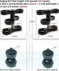 Double Pack 1 Inch Ball Clamp Set For Underwater Camera Tray And Dive Light Mounts Aluminum Butterfly Clip With 360 Degree Ball Head Adapters, showing two butterfly clips and ball heads, with measurements and materials.