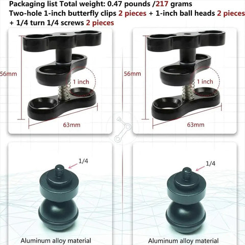 Double Pack 1 Inch Ball Clamp Set For Underwater Camera Tray And Dive Light Mounts Aluminum Butterfly Clip With 360 Degree Ball Head Adapters, showing two butterfly clips and ball heads, with measurements and materials.