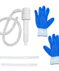 No Sweat Hand Pump For Standard Quart Bottles With Dual Suction Tubes And 28 Millimeter Caps showing pump, clear hose, and blue gloves.