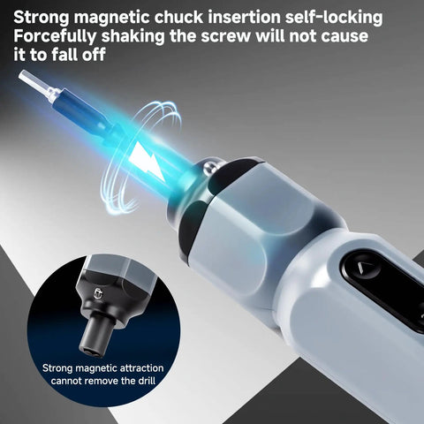 Mini Cordless Electric Screwdriver Set With Precision Bits, 250 RPM Motor, And Bright LED Light with self-locking magnetic chuck.