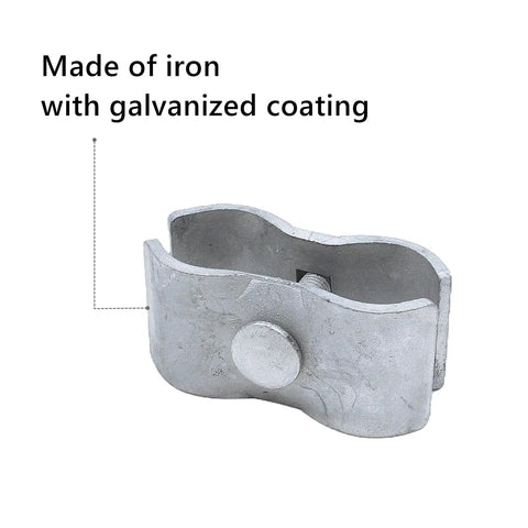 Close-up of galvanized steel kennel clamp from 10 Pack Built Tough Dog Kennel Clamps With Bolts And Nuts, 1-3/8 Inch Galvanized Steel Fence Panel Clamps For Round Pipe Frames, Temporary Dog Kennels, Chicken Coops, Metal Cages showing its iron construction and coating.