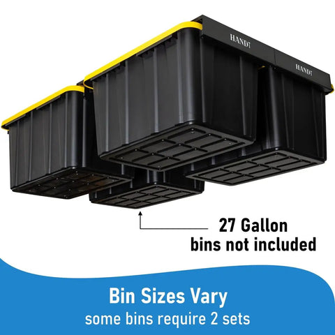 Overhead Garage Storage Rack System For Ceiling Tote Bins Heavy Duty Hanging Rails Metal Shelving For 27 Gallon Totes 4 Set Black Bin Organization Solution