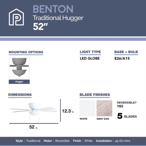 Product details of 52 Inch Indoor Ceiling Fan With Light And LED Flush Mount 5 Blade Style In White Or Gray Oak Finish.