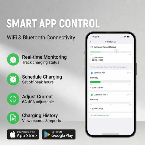 Smart app control interface for Top Shelf Level Two EV Charger Up To Forty Amps 240 Volt Home Electric Vehicle Charging Station.