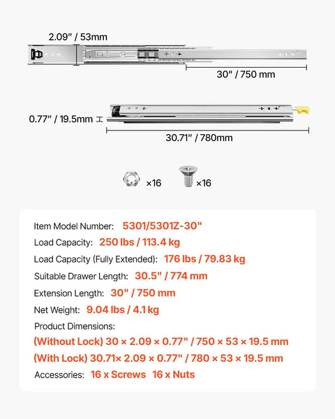 Detailed diagram of Heavy Duty 30 Inch Drawer Slides 250 Lb Capacity with dimensions, fasteners, and instructions for use in cabinets.